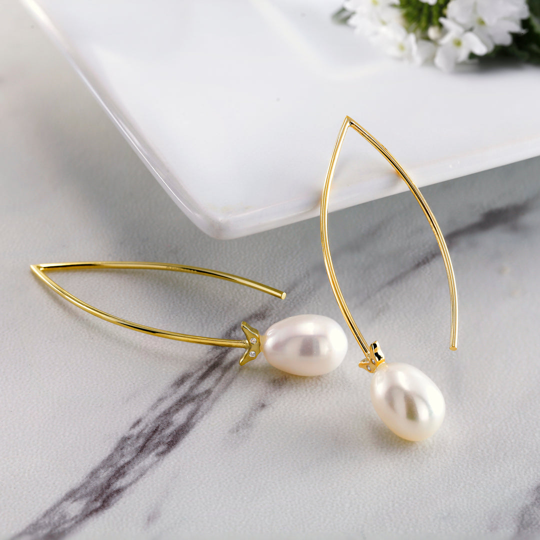 925 Sterling Silver 18k Gold Plated White Pearl Earring, Pearl Dangles, White Pearl Drops, Long Pearl Earrings, Sterling Silver, Gold Plated Silver Pearl Earrings