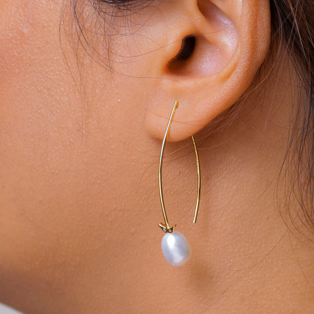 925 Sterling Silver 18k Gold Plated White Pearl Earring, Pearl Dangles, White Pearl Drops, Long Pearl Earrings, Sterling Silver, Gold Plated Silver Pearl Earrings