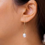Load image into Gallery viewer, 925 Sterling Silver 18k Gold Plated White Pearl Earring, Pearl Dangles, White Pearl Drops, Long Pearl Earrings, Sterling Silver, Gold Plated Silver Pearl Earrings
