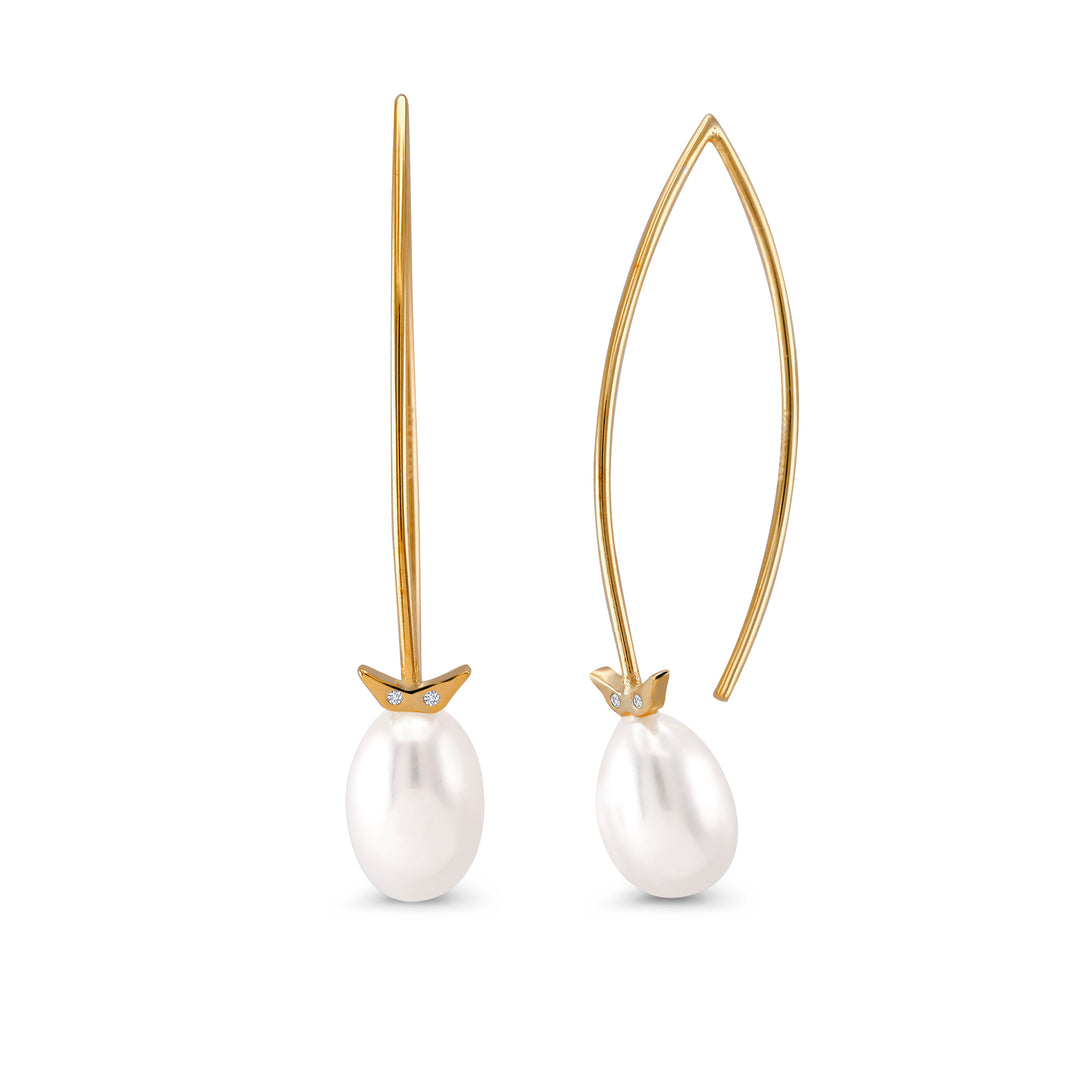 925 Sterling Silver 18k Gold Plated White Pearl Earring, Pearl Dangles, White Pearl Drops, Long Pearl Earrings, Sterling Silver, Gold Plated Silver Pearl Earrings