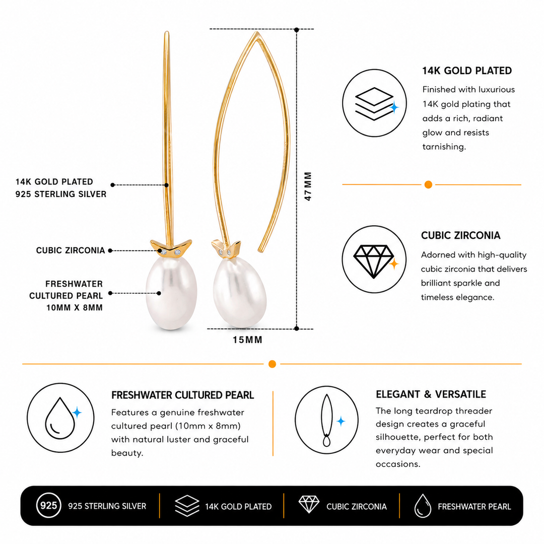 925 Sterling Silver 18k Gold Plated White Pearl Earring, Pearl Dangles, White Pearl Drops, Long Pearl Earrings, Sterling Silver, Gold Plated Silver Pearl Earrings