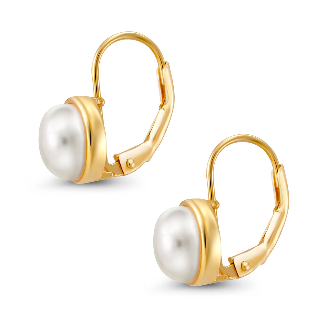 925 Sterling Silver With Yellow Gold Plated Pearl Bezel Earrings, Pearl Bezel Earrings, Lever Back Earrings, Hypoallergenic Earrings