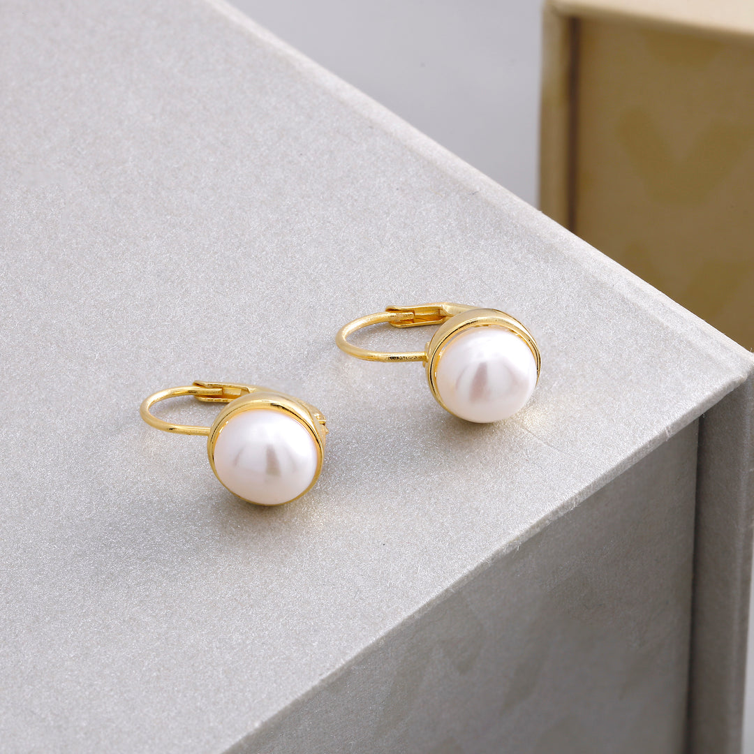 925 Sterling Silver With Yellow Gold Plated Pearl Bezel Earrings, Pearl Bezel Earrings, Lever Back Earrings, Hypoallergenic Earrings