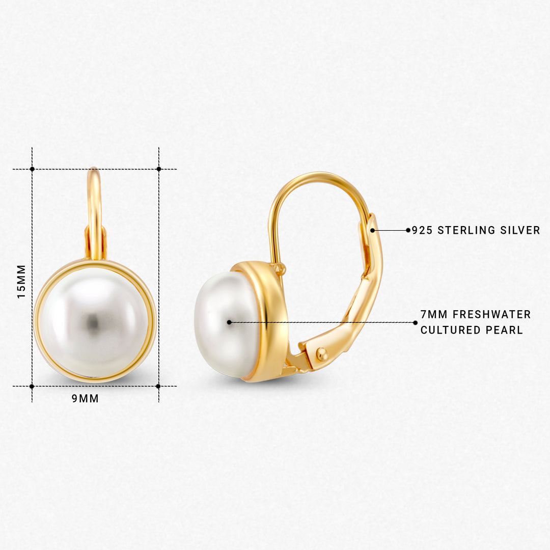 925 Sterling Silver With Yellow Gold Plated Pearl Bezel Earrings, Pearl Bezel Earrings, Lever Back Earrings, Hypoallergenic Earrings