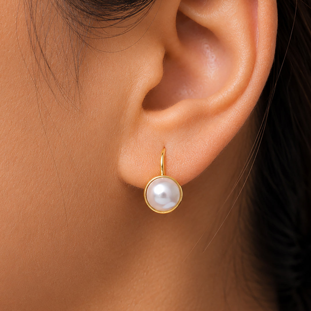 14k Gold Plated 925 Sterling Silver Dainty Drop Earrings with 7mm White Pearls, Freshwater Cultured Pearl Leverback Earrings for Women, Classic Hypoallergenic Jewelry Gift for Mom