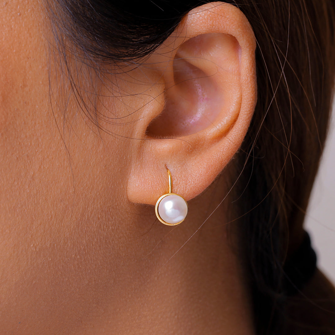 925 Sterling Silver With Yellow Gold Plated Pearl Bezel Earrings, Pearl Bezel Earrings, Lever Back Earrings, Hypoallergenic Earrings