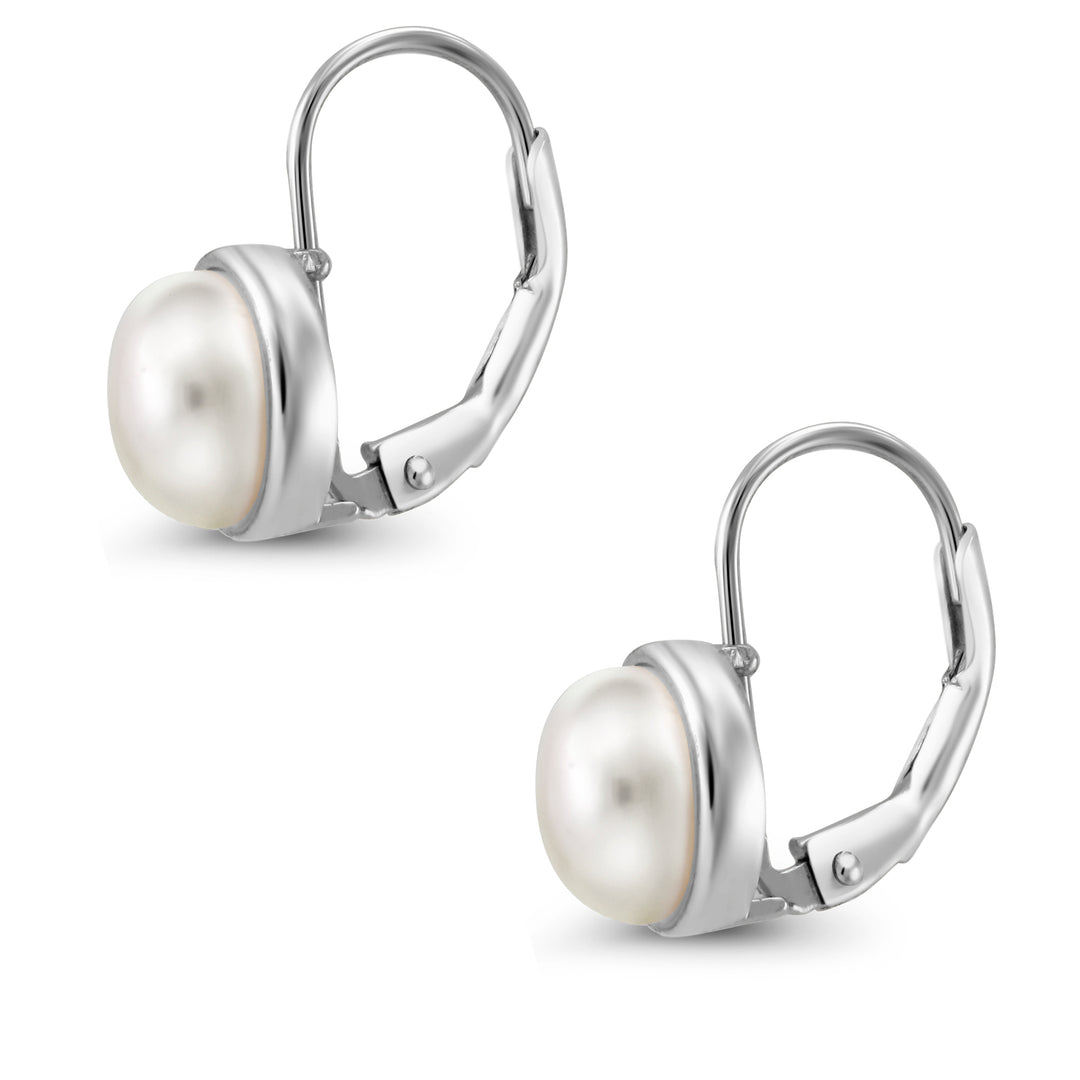 925 Sterling Silver With Yellow Gold Plated Pearl Bezel Earrings, Pearl Bezel Earrings, Lever Back Earrings, Hypoallergenic Earrings
