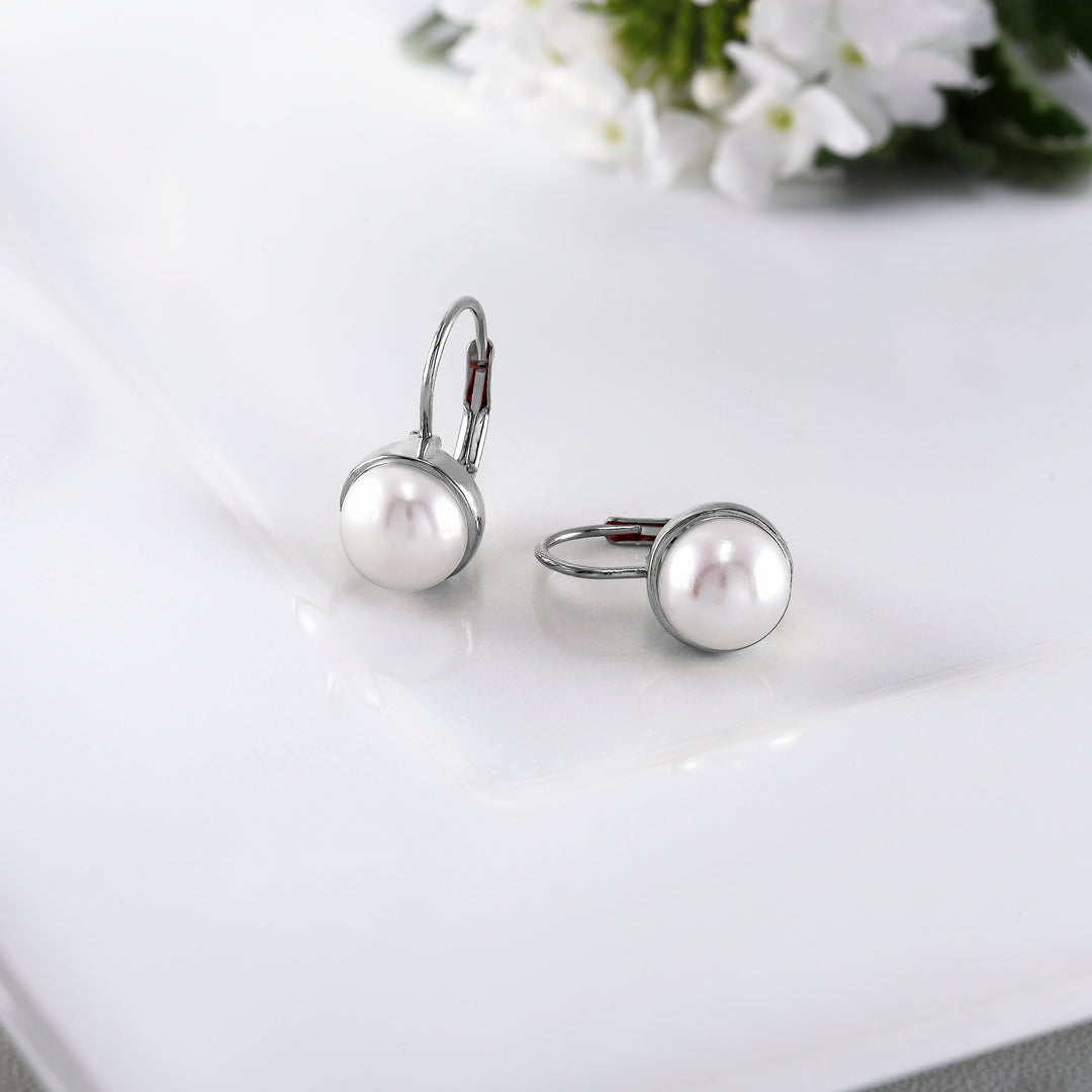 925 Sterling Silver With Yellow Gold Plated Pearl Bezel Earrings, Pearl Bezel Earrings, Lever Back Earrings, Hypoallergenic Earrings