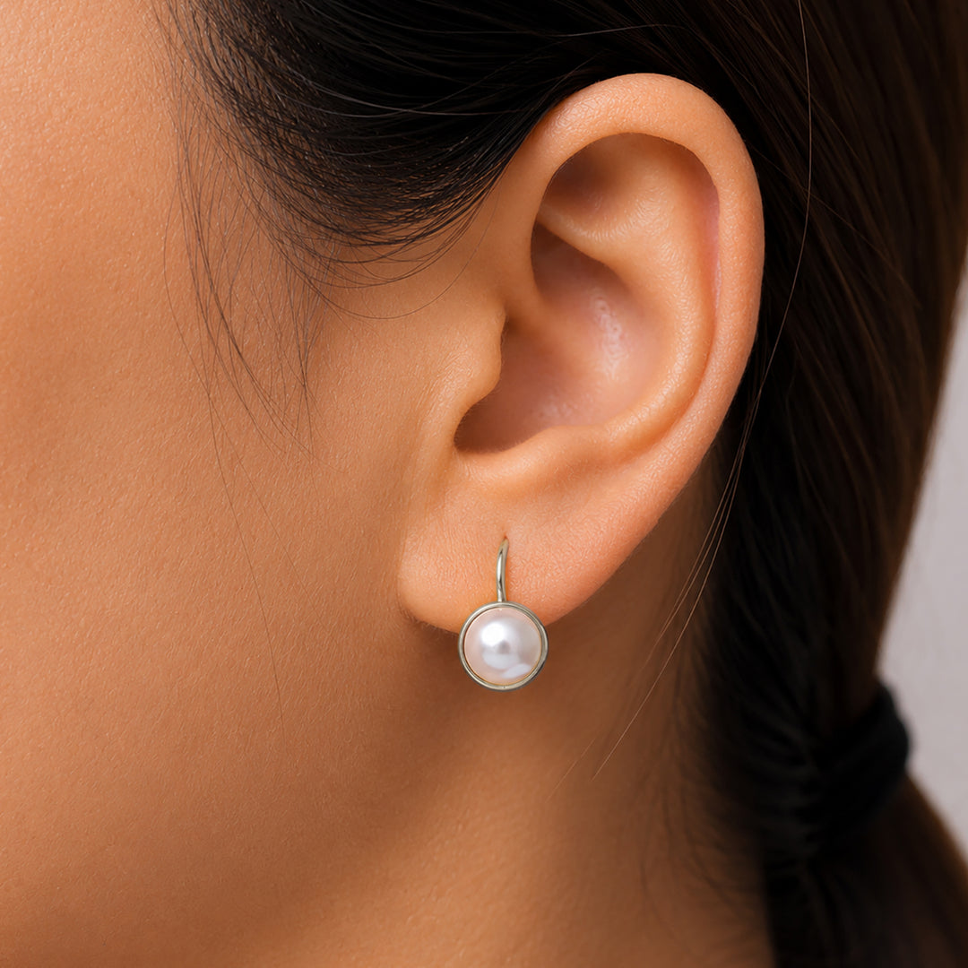 14k Gold Plated 925 Sterling Silver Dainty Drop Earrings with 7mm White Pearls, Freshwater Cultured Pearl Leverback Earrings for Women, Classic Hypoallergenic Jewelry Gift for Mom