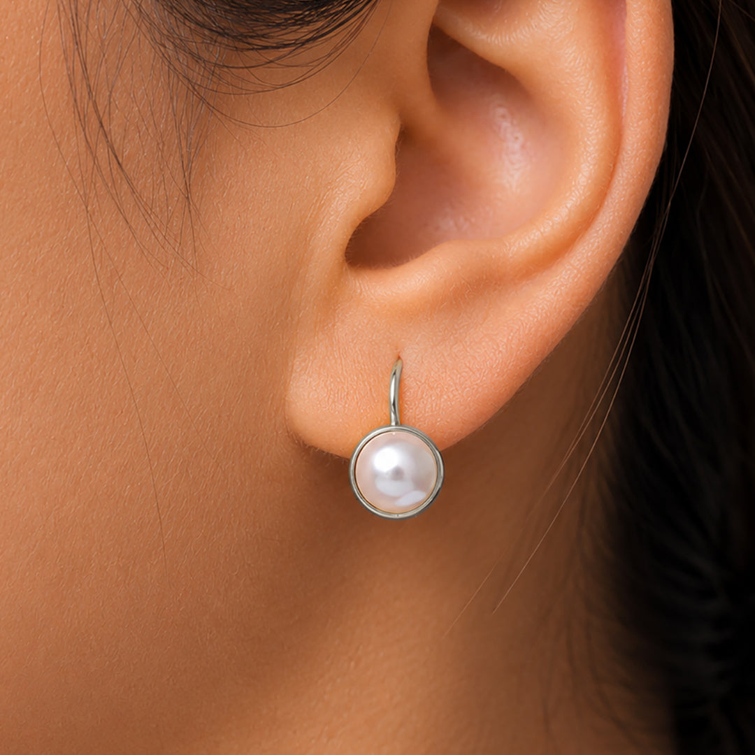 14k Gold Plated 925 Sterling Silver Dainty Drop Earrings with 7mm White Pearls, Freshwater Cultured Pearl Leverback Earrings for Women, Classic Hypoallergenic Jewelry Gift for Mom
