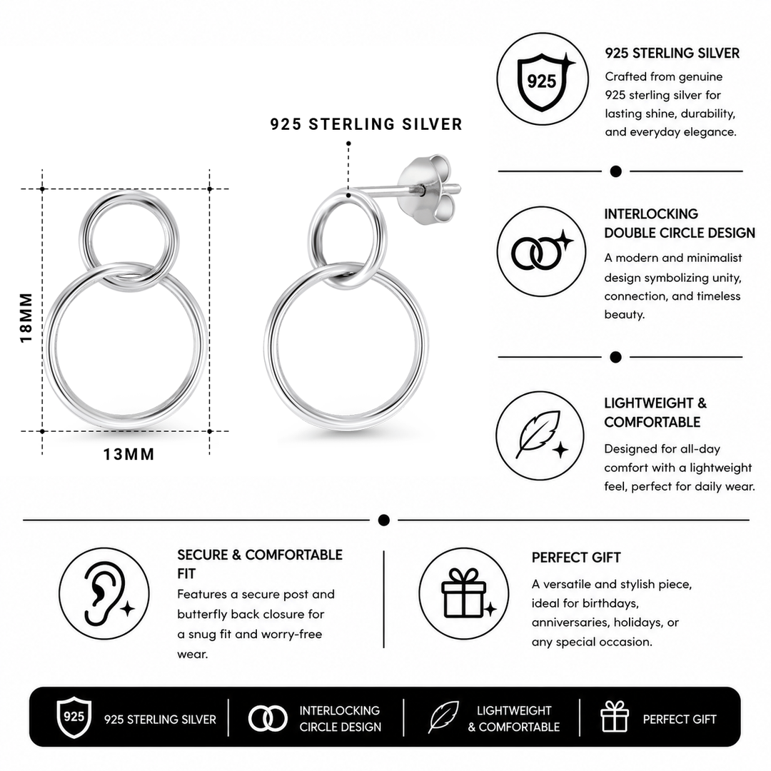 925 Sterling Silver Double Circle Earrings, Double circle Earrings, Karma Earrings,  Eternity circles Earrings, Daily Wear Earrings