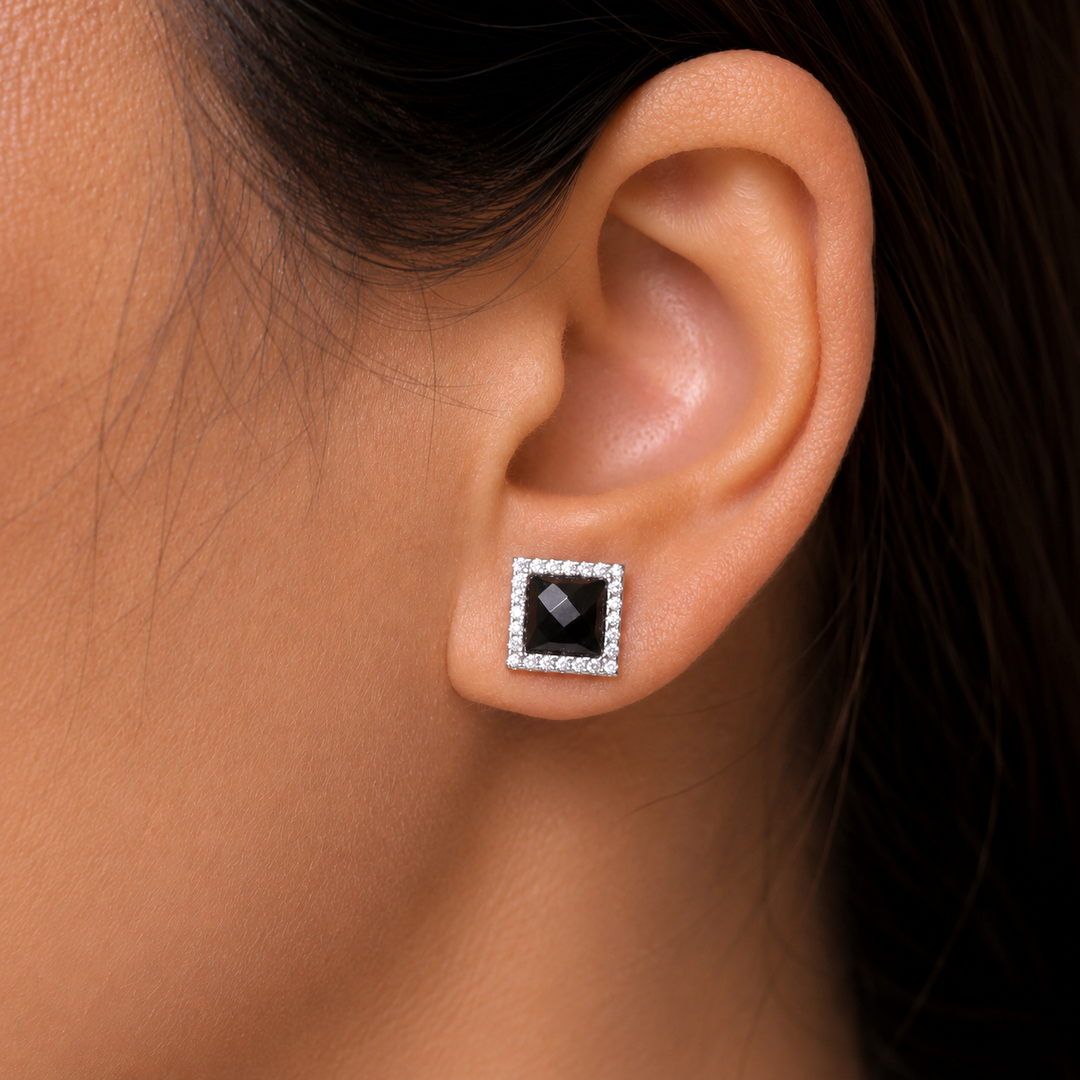 925 Silver Black Onyx Stud Earrings, Halo Onyx Studs, Halo Stud Earrings, Hypoallergenic Stud Earrings