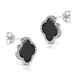 Load image into Gallery viewer, 925 Sterling Silver Black Onyx Stud Earrings, Onyx silver Studs, Black Gemstone Studs, Clover Leaf Stud Earrings, Modern Studs, Classic Leaf Studs, Four Leaf Studs
