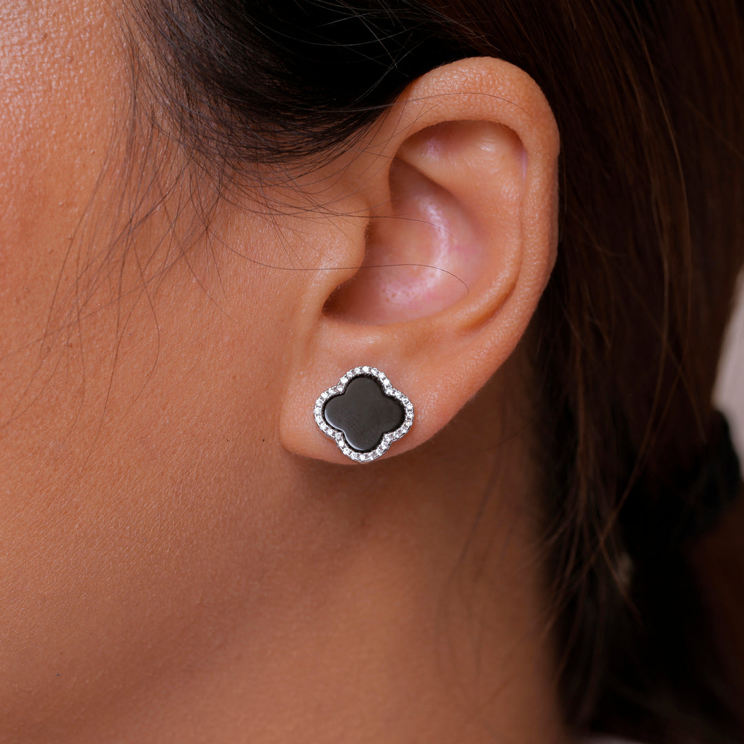 925 Sterling Silver Black Onyx Stud Earrings, Onyx silver Studs, Black Gemstone Studs, Clover Leaf Stud Earrings, Modern Studs, Classic Leaf Studs, Four Leaf Studs