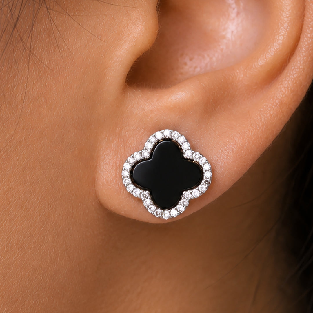 925 Sterling Silver Black Onyx Stud Earrings, Onyx silver Studs, Black Gemstone Studs, Clover Leaf Stud Earrings, Modern Studs, Classic Leaf Studs, Four Leaf Studs