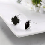 Load image into Gallery viewer, 925 Sterling Silver Black Onyx Stud Earrings, Onyx silver Studs, Black Gemstone Studs, Clover Leaf Stud Earrings, Modern Studs, Classic Leaf Studs, Four Leaf Studs
