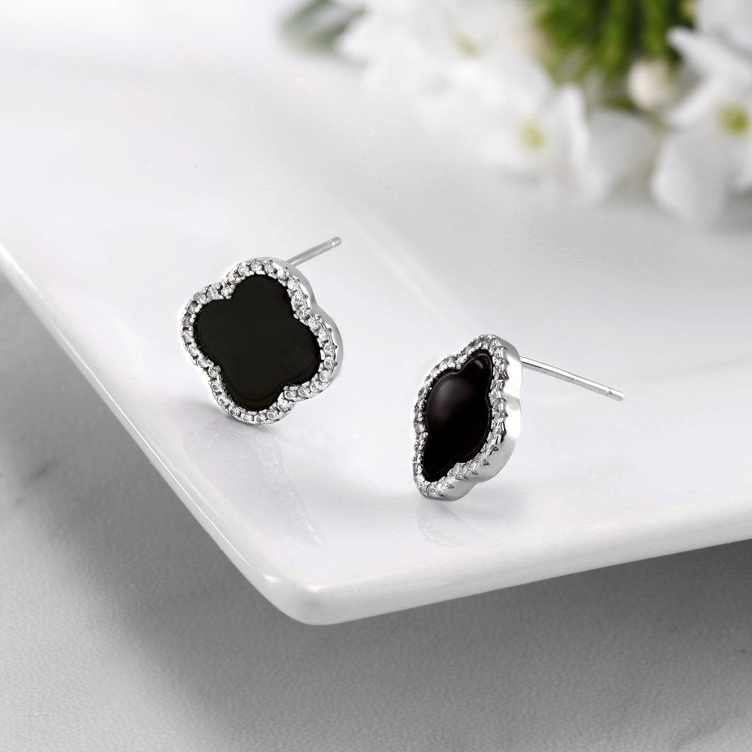 925 Sterling Silver Black Onyx Stud Earrings, Onyx silver Studs, Black Gemstone Studs, Clover Leaf Stud Earrings, Modern Studs, Classic Leaf Studs, Four Leaf Studs