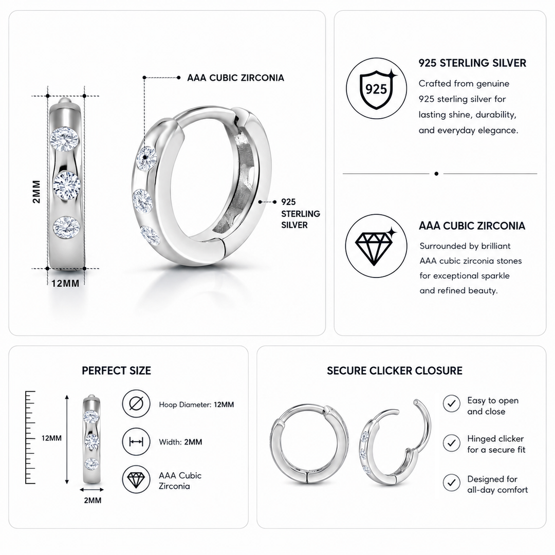 925 Sterling Silver Cubic Zirconia Huggie Hoop Earrings for Women | Small CZ Cartilage Hoops for Helix & 2nd Hole | Dainty Hypoallergenic Clicker Jewelry
