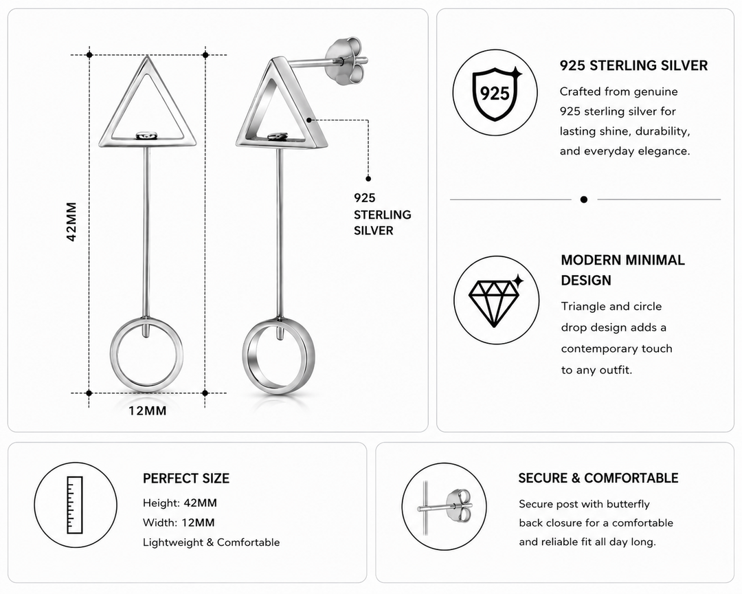 925 Sterling Silver Geometric Drop Earrings, Circle and Triangle Drop Earrings, Geometric Shape Earrings, Silver Dangle Earrings, Hypoallergenic Earring