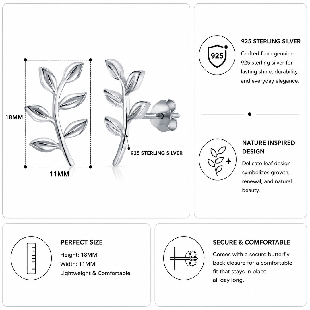 925 Sterling Silver Leaf Stud Earrings for Women, Dainty Vine Climber Style Studs, Hypoallergenic Minimalist Botanical Jewelry Gift