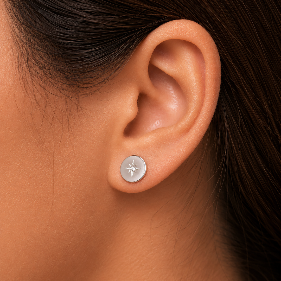 925 Sterling Silver Disc Crafted Studs, Star Crafted On Disc Stud Earrings, Hypoallergenic Studs, Star studs Earrings, Modern Studs
