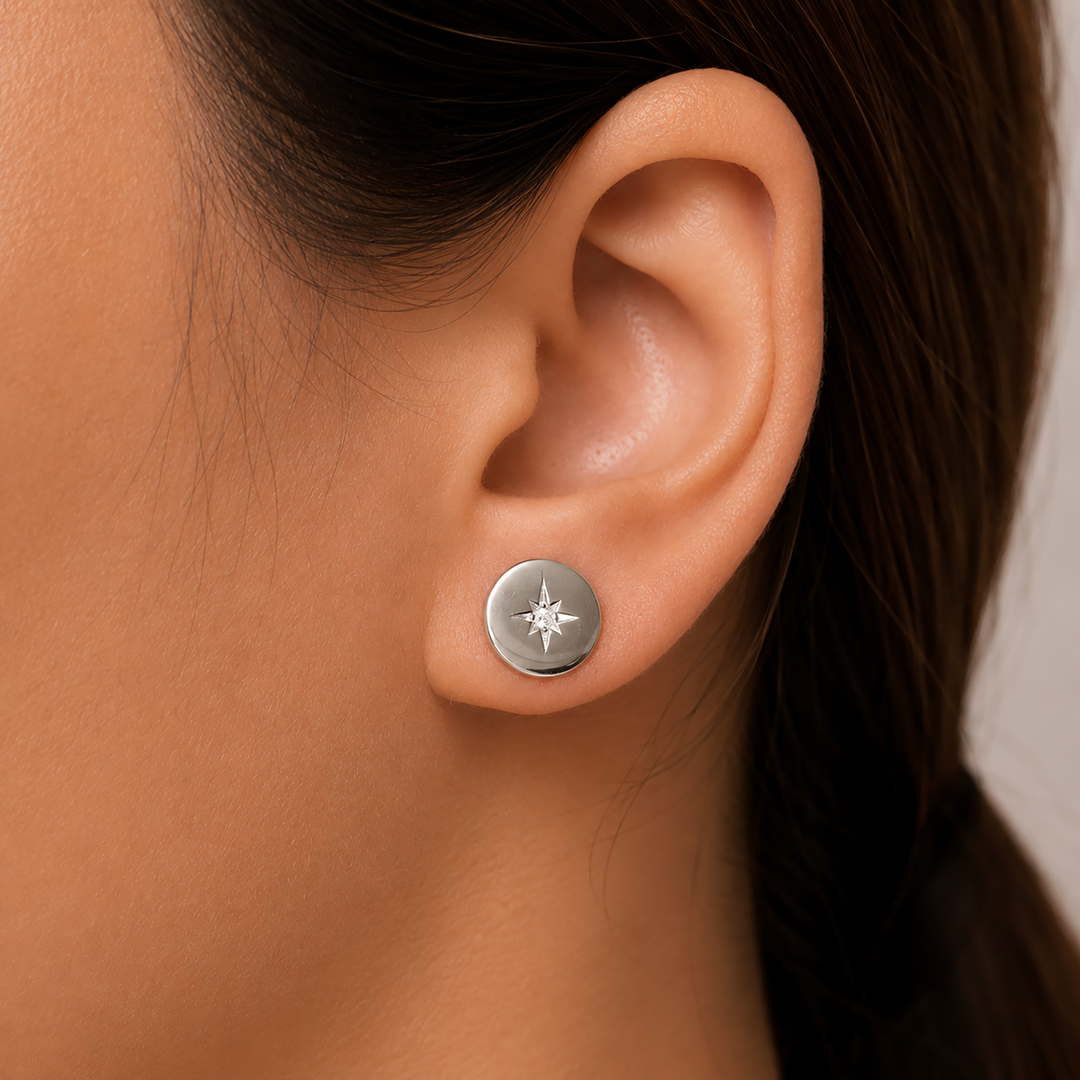925 Sterling Silver Disc Crafted Studs, Star Crafted On Disc Stud Earrings, Hypoallergenic Studs, Star studs Earrings, Modern Studs