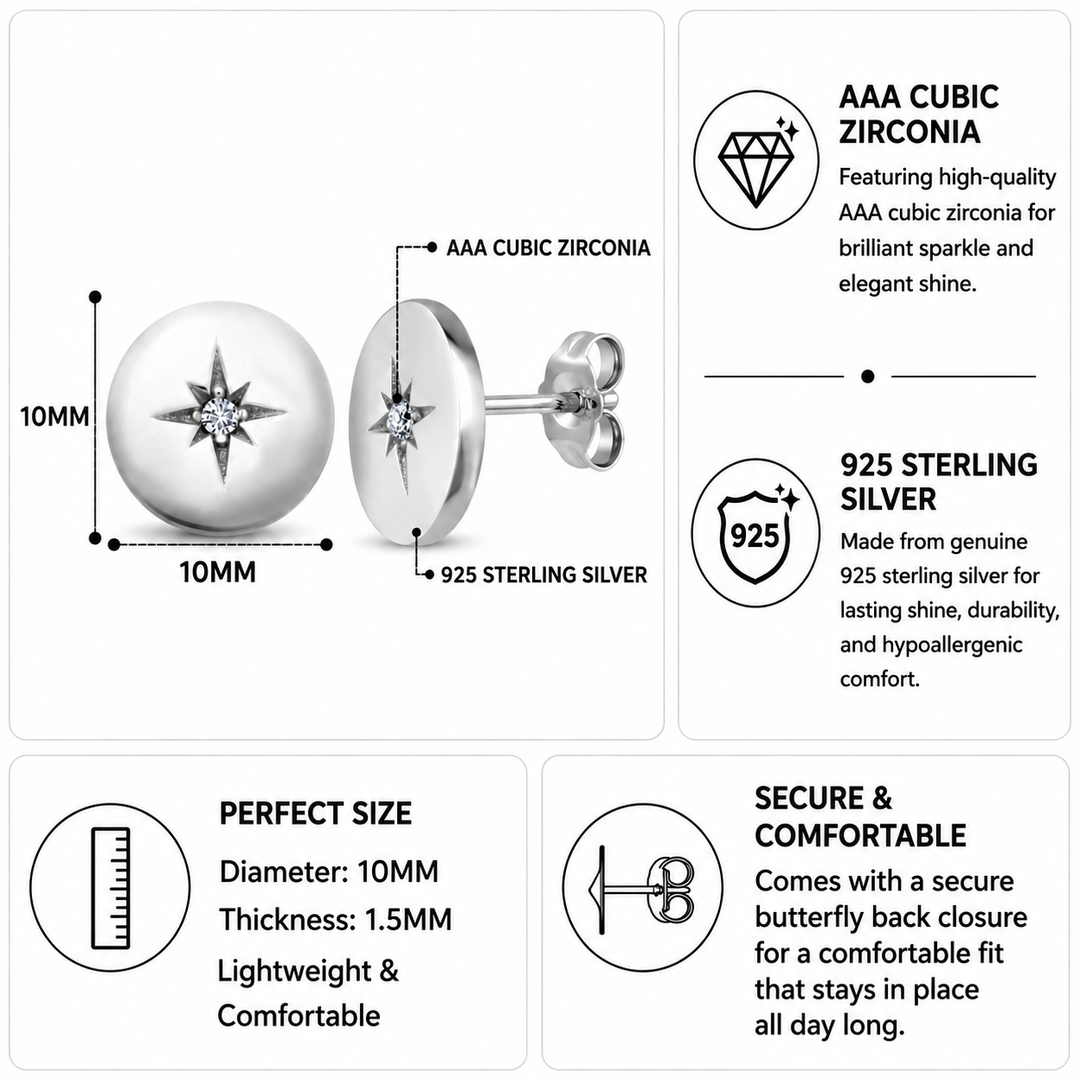 925 Sterling Silver Disc Crafted Studs, Star Crafted On Disc Stud Earrings, Hypoallergenic Studs, Star studs Earrings, Modern Studs