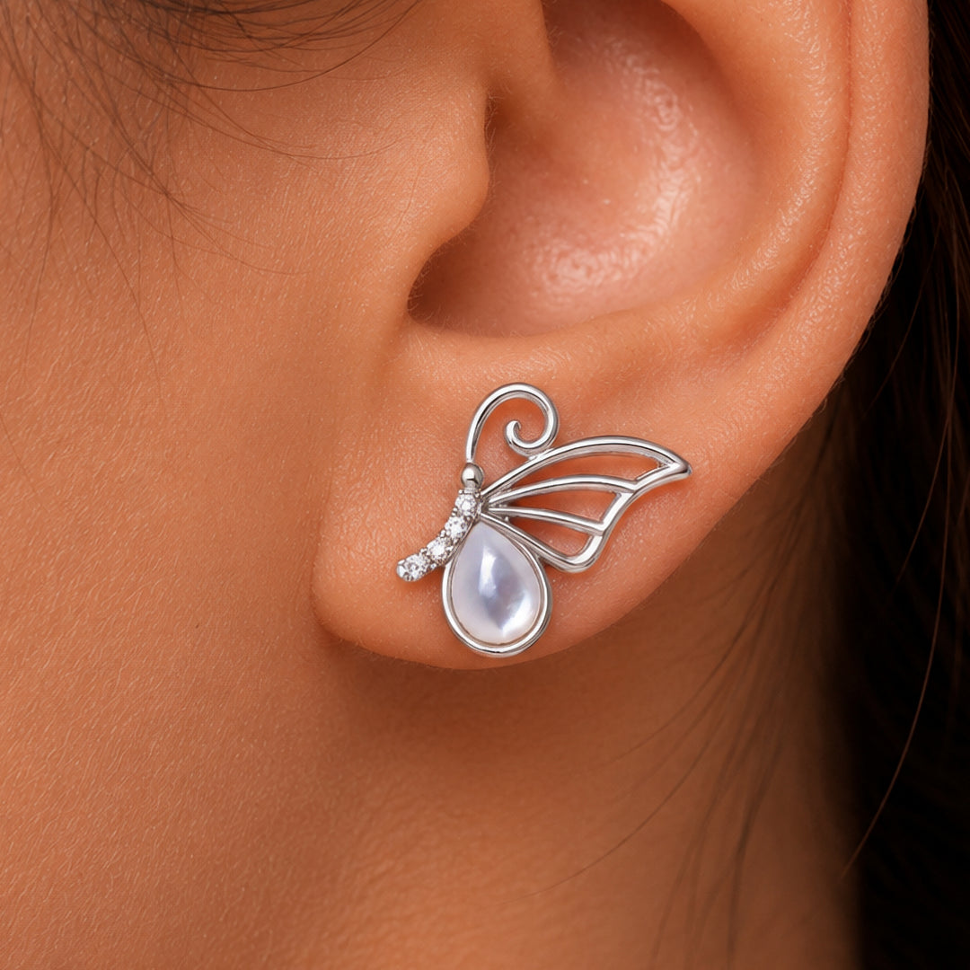925 Sterling Silver Butterfly Stud Earrings for Women with White Cat's Eye Stone & AAA CZ, Dainty Hypoallergenic Animal Jewelry Gift for Girls, Teens