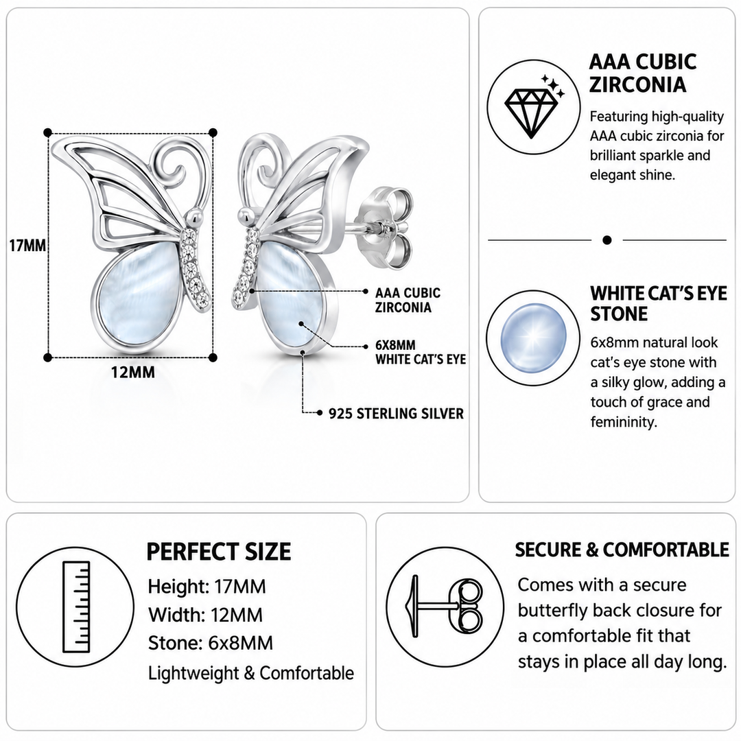 925 Sterling Silver Butterfly Stud Earrings for Women with White Cat's Eye Stone & AAA CZ, Dainty Hypoallergenic Animal Jewelry Gift for Girls, Teens