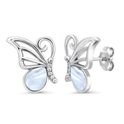 925 Sterling Silver Butterfly Stud Earrings for Women with White Cat's Eye Stone & AAA CZ, Dainty Hypoallergenic Animal Jewelry Gift for Girls, Teens