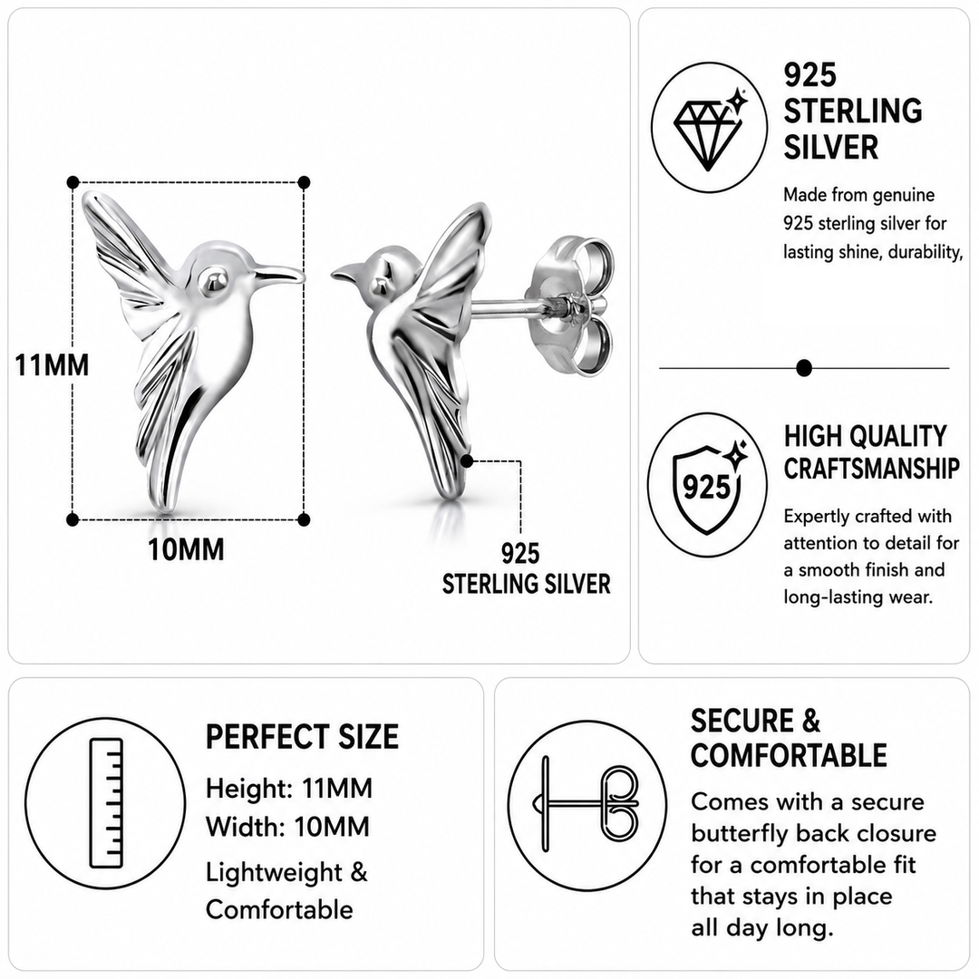 925 Sterling Silver Hummingbird Stud Earrings for Women Girls, Hypoallergenic Small Dainty 3D Bird Studs, Minimalist Animal Nature Jewelry Gift