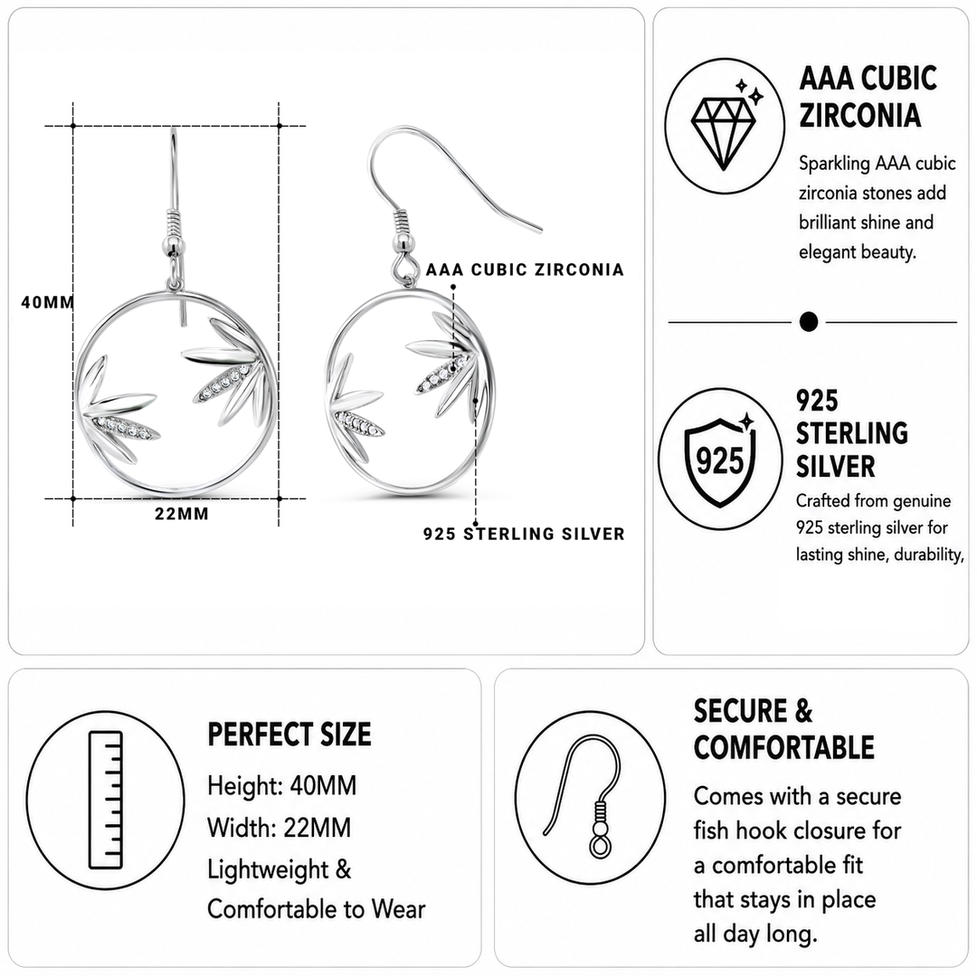 925 Sterling Silver Bamboo Leaf Dangle Earrings for Women, Nature-Inspired Circle Drop Earrings with AAA Cubic Zirconia, Hypoallergenic Lightweight Fishhook Earrings, Zen Jewelry Gift