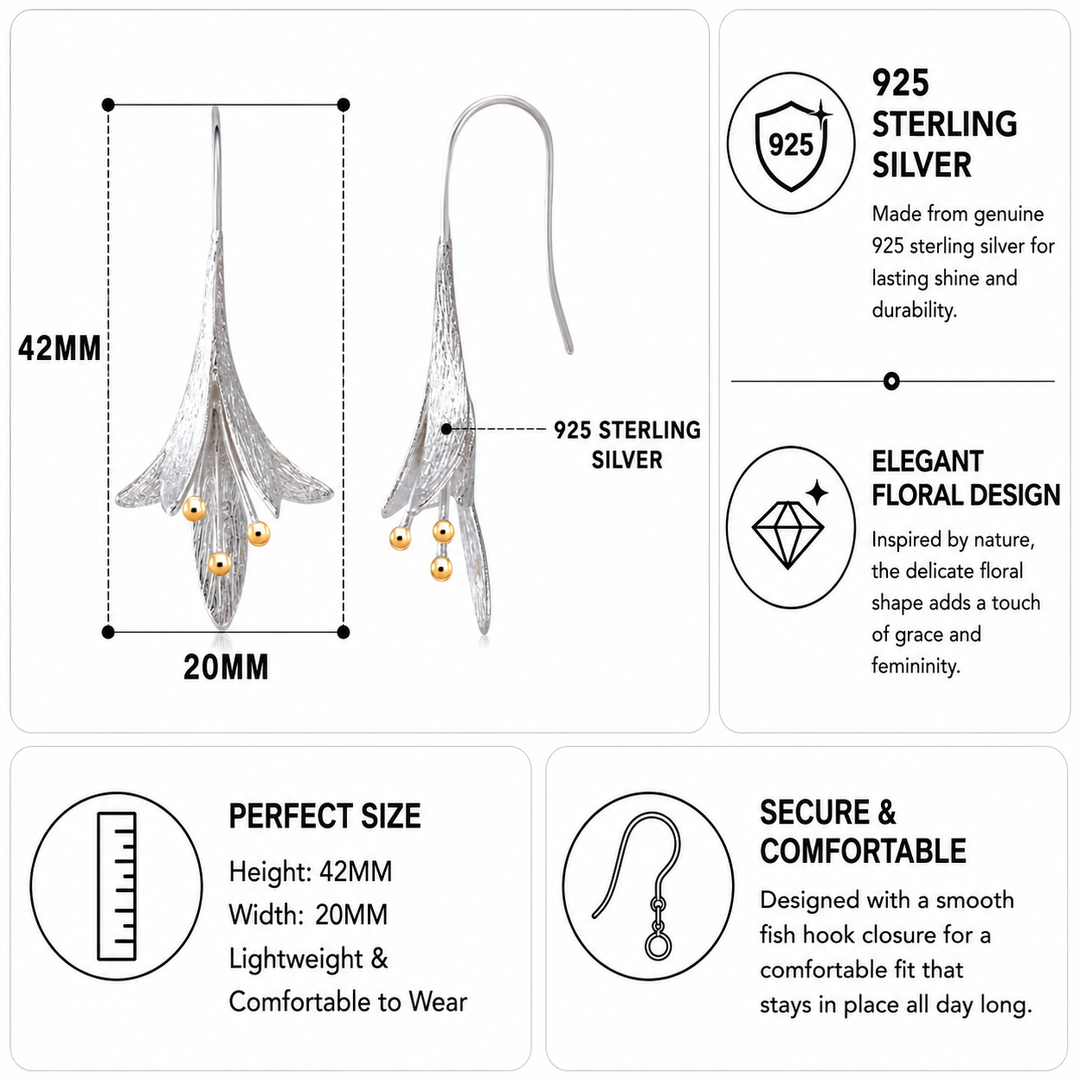 925 Sterling Silver Lily Flower Dangle Drop Earrings for Women, Calla Lily Floral Hook Earrings, Two-Tone Nature Inspired Hypoallergenic Jewelry Gift for Her