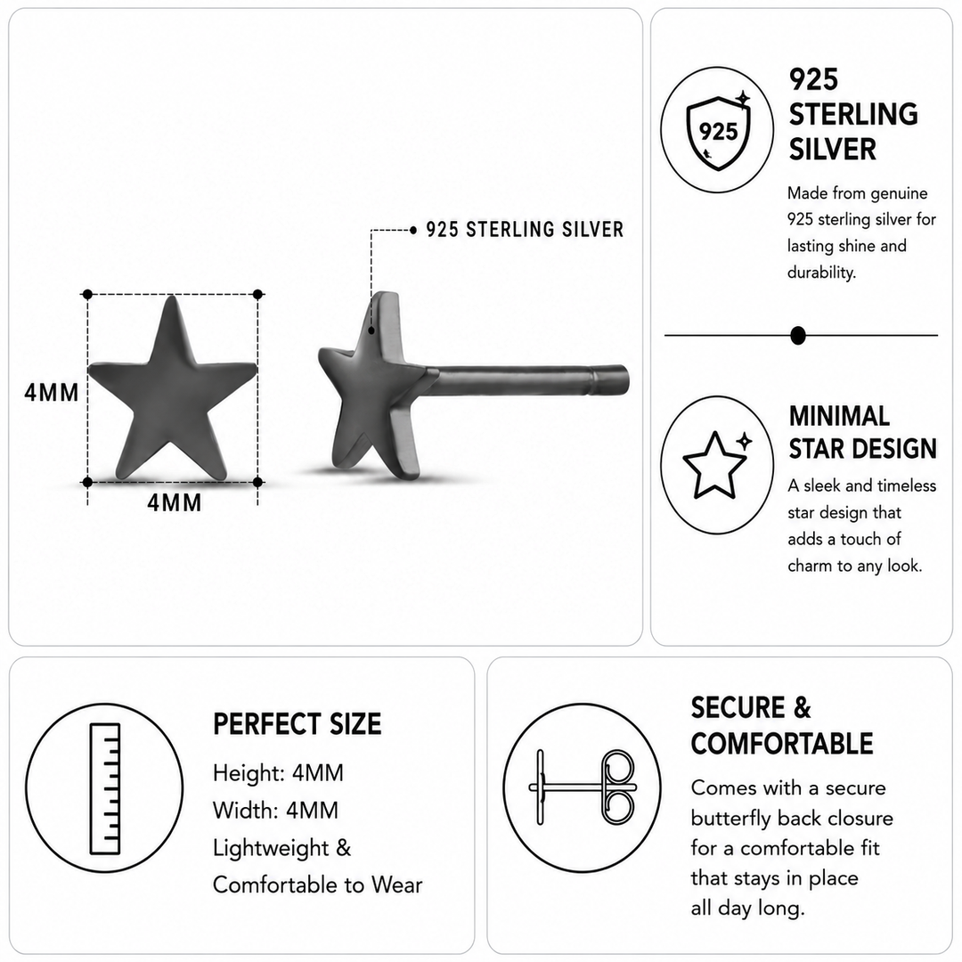 925 Sterling Silver Black Star Cartilage Studs, Silver Celestial Studs, Star Stud Earrings, Cartilage Studs, Black Rhodium Plated Star Studs, Hypoallergenic Stud Earrings