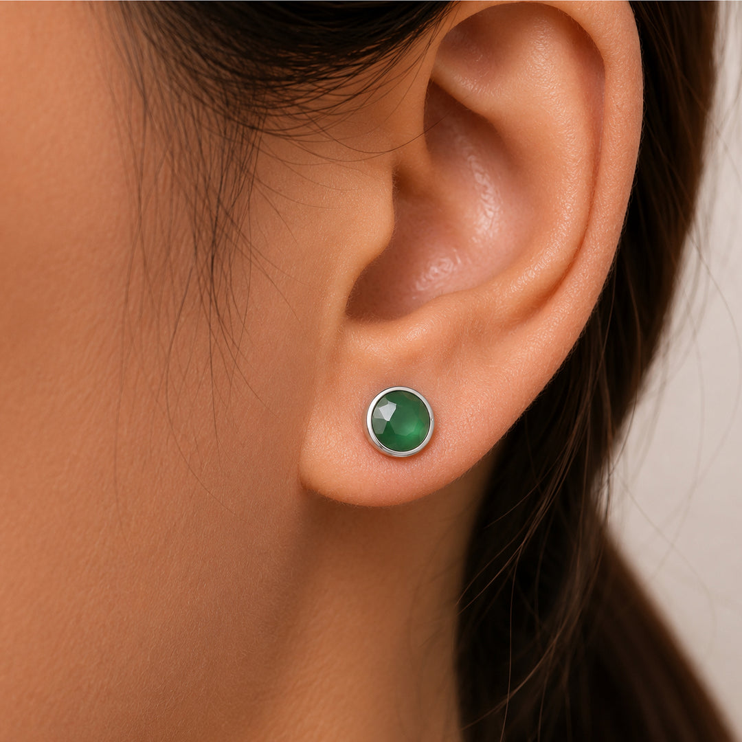 925 Sterling Silver Green Chalcedony Studs Earrings, Simulated Chalcedony Stud Earrings, Bezel Setting Stud Earrings, Hypoallergenic Studs, Classic Jewelry