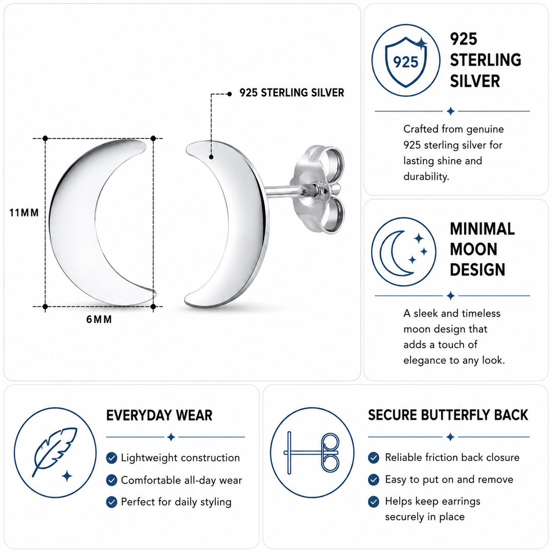 925 Sterling Silver Crescent Moon Stud Earrings for Women | Dainty Minimalist Hypoallergenic Celestial Jewelry | Cute Small Moon Studs for Girls