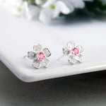 Load image into Gallery viewer, 925 Sterling Silver Cherry Blossoms Stud Earrings, Blossoms Earrings, Pink Cz Flower Stud Earrings, Blossoms Flower Charm Earrings, Hypoallergenic Flower Studs, Floral Jewelry