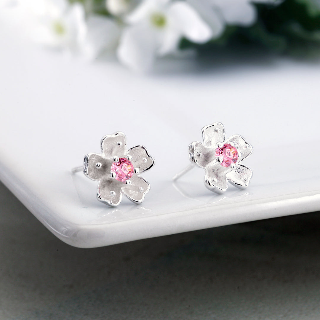 925 Sterling Silver Cherry Blossoms Stud Earrings, Blossoms Earrings, Pink Cz Flower Stud Earrings, Blossoms Flower Charm Earrings, Hypoallergenic Flower Studs, Floral Jewelry