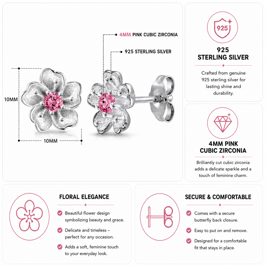 925 Sterling Silver Cherry Blossoms Stud Earrings, Blossoms Earrings, Pink Cz Flower Stud Earrings, Blossoms Flower Charm Earrings, Hypoallergenic Flower Studs, Floral Jewelry