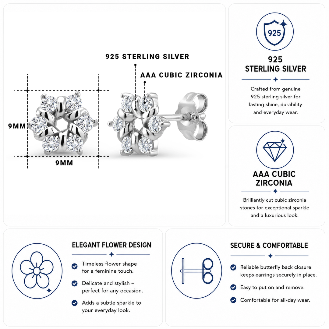 925 Sterling Silver Flower CZ Stud Earrings,  Sparkly Cz Stud Earrings, Friction Back Studs, Hypoallergenic Studs, Daily wear Studs