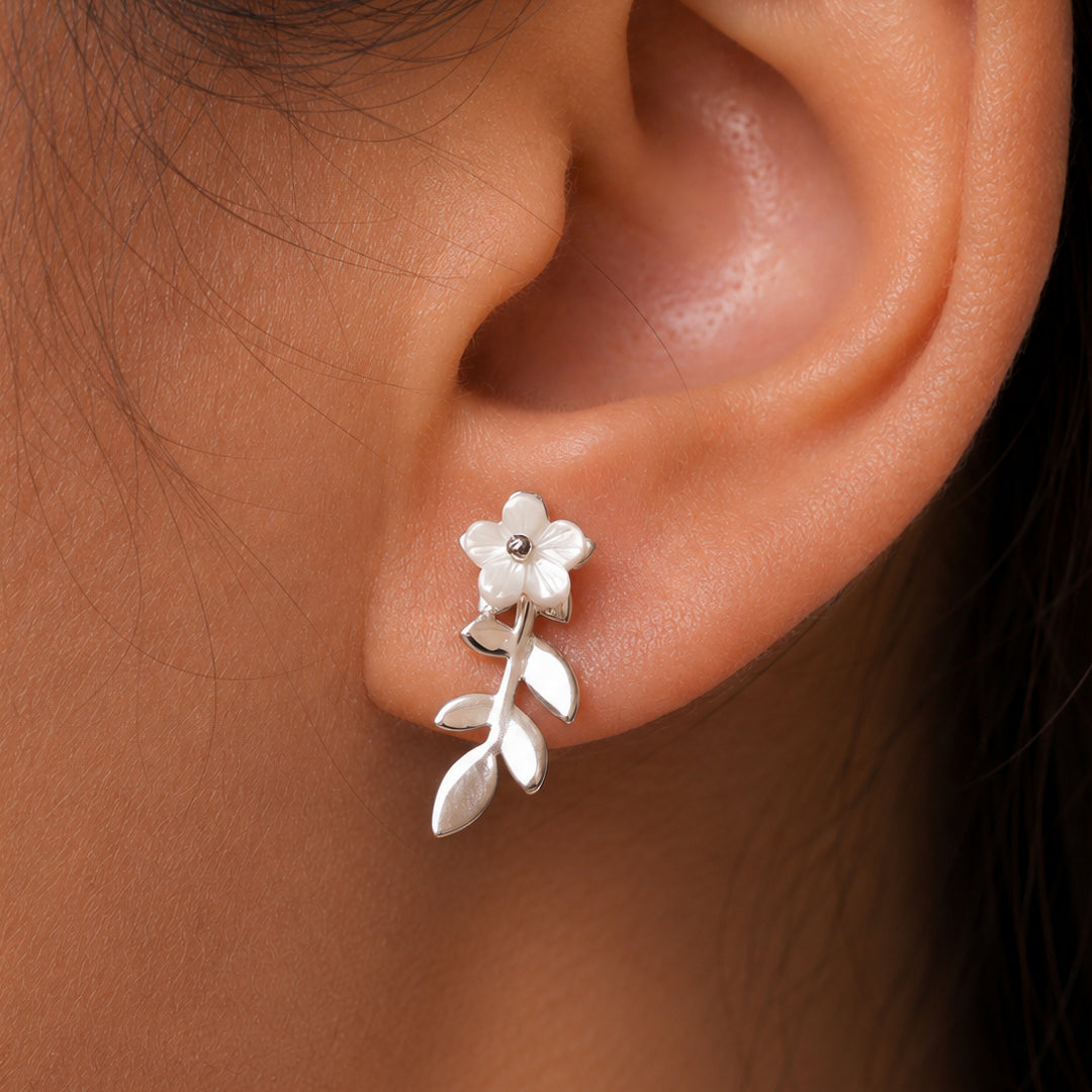925 Sterling Silver  Flower With Leaf Stud Earrings, Mother Pearl Flower Stud Earrings, Flower Earrings, Hypoallergenic Flower Earrings, Floral Earrings