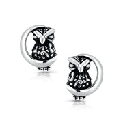 925 Sterling Silver Owl On The Moon Studs, Silver Owl Studs, Dainty Owl Studs, Oxidize Studs, Owl On The Moon Studs, Hypoallergenic Stud Earrings