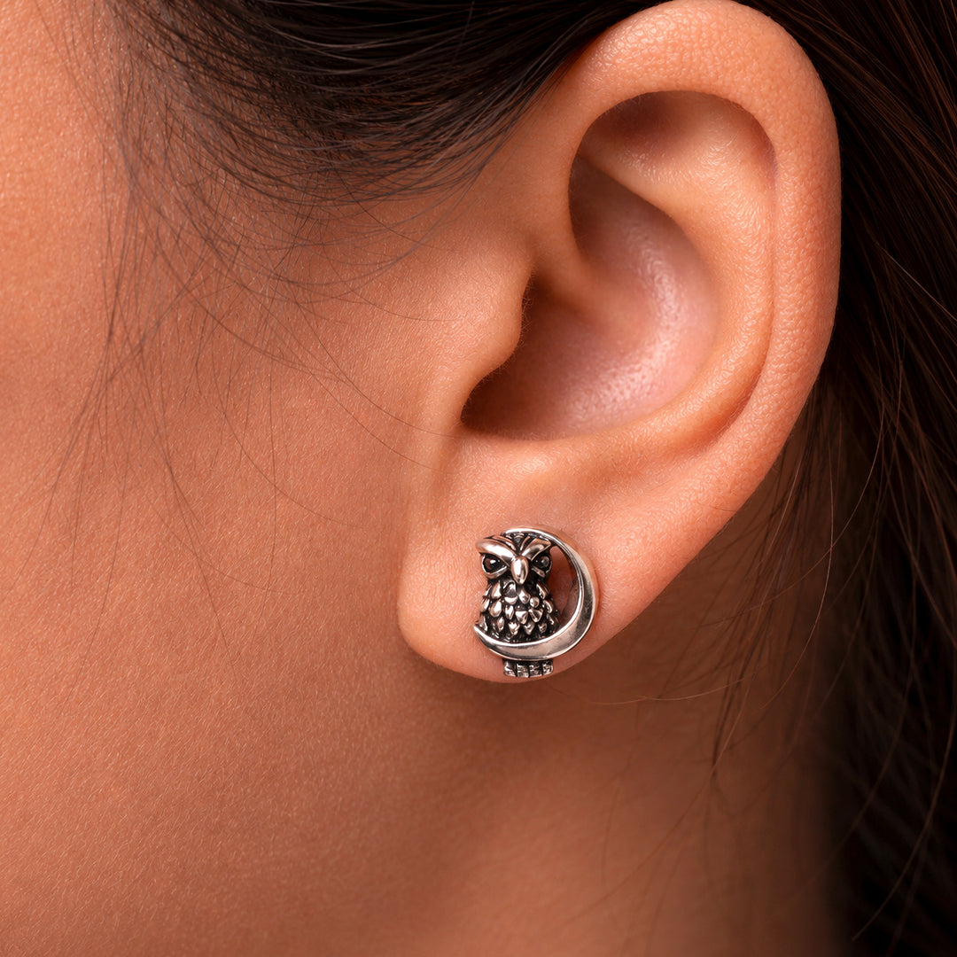 925 Sterling Silver Owl On The Moon Studs, Silver Owl Studs, Dainty Owl Studs, Oxidize Studs, Owl On The Moon Studs, Hypoallergenic Stud Earrings
