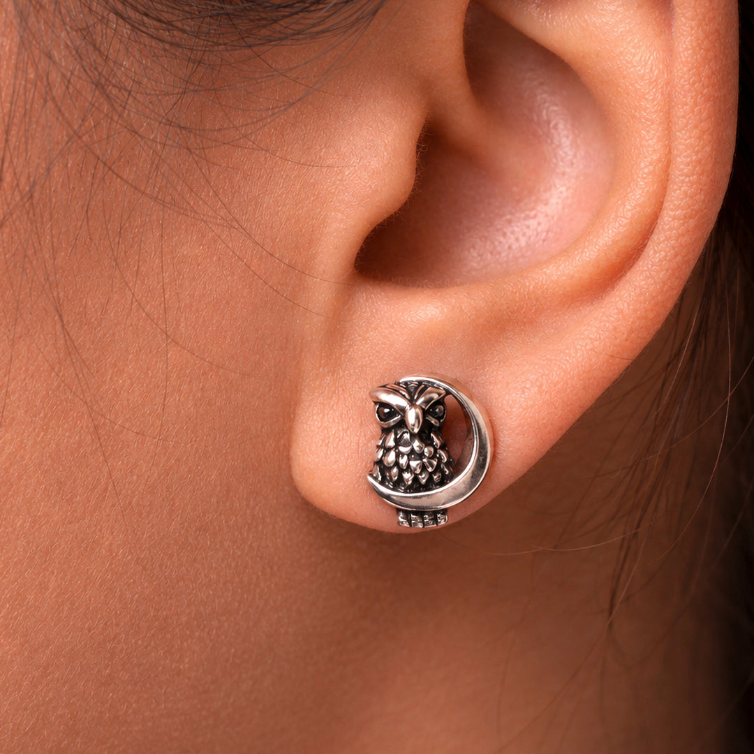 925 Sterling Silver Owl On The Moon Studs, Silver Owl Studs, Dainty Owl Studs, Oxidize Studs, Owl On The Moon Studs, Hypoallergenic Stud Earrings