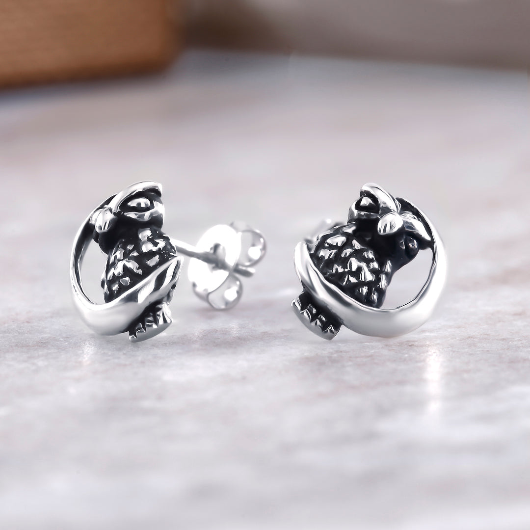 925 Sterling Silver Owl On The Moon Studs, Silver Owl Studs, Dainty Owl Studs, Oxidize Studs, Owl On The Moon Studs, Hypoallergenic Stud Earrings
