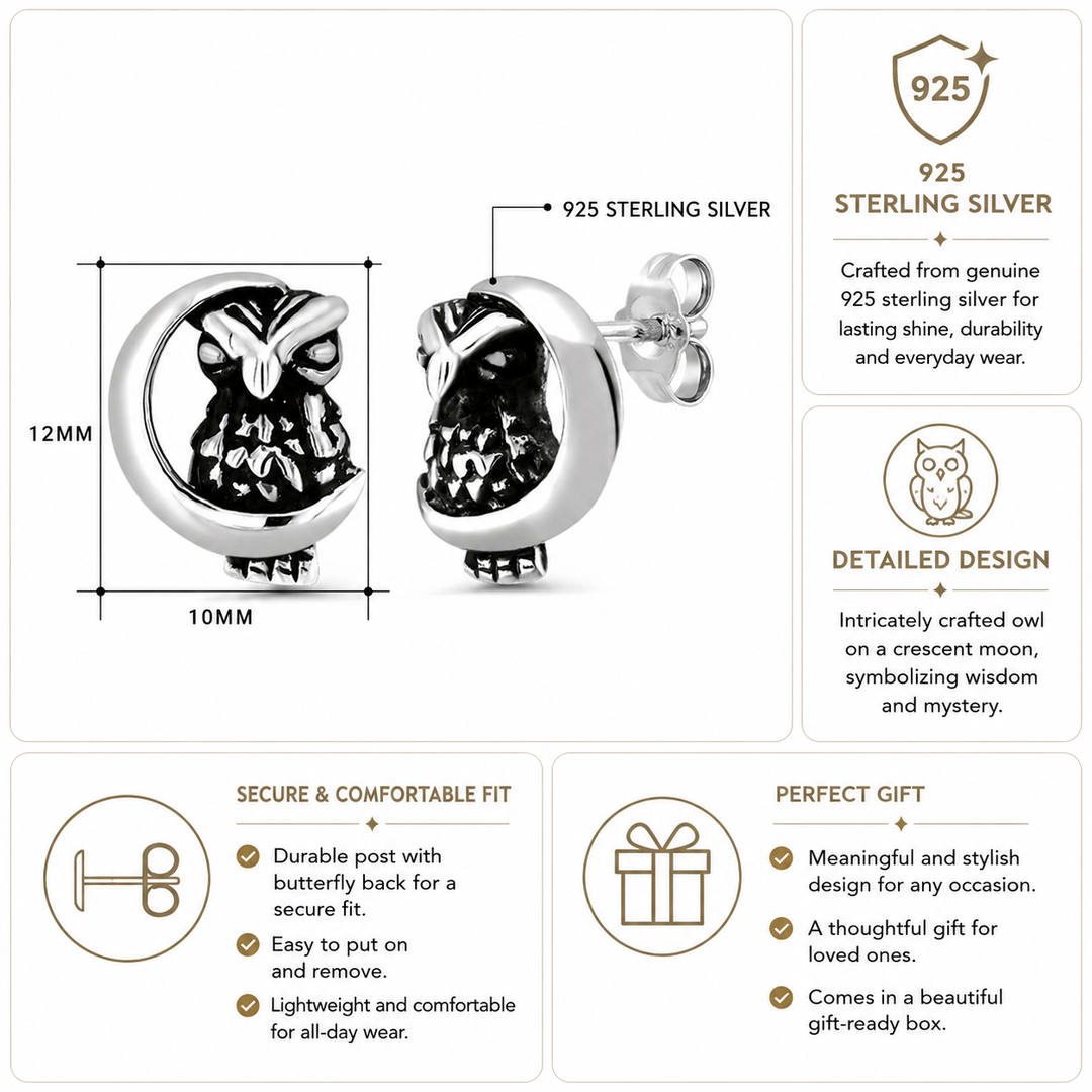 925 Sterling Silver Owl On The Moon Studs, Silver Owl Studs, Dainty Owl Studs, Oxidize Studs, Owl On The Moon Studs, Hypoallergenic Stud Earrings