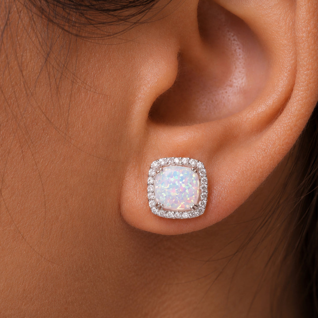 925 Sterling Silver Opal Halo Earrings, Square Shaped Halo Stud Earrings, Sparkling Cz Stud Earrings