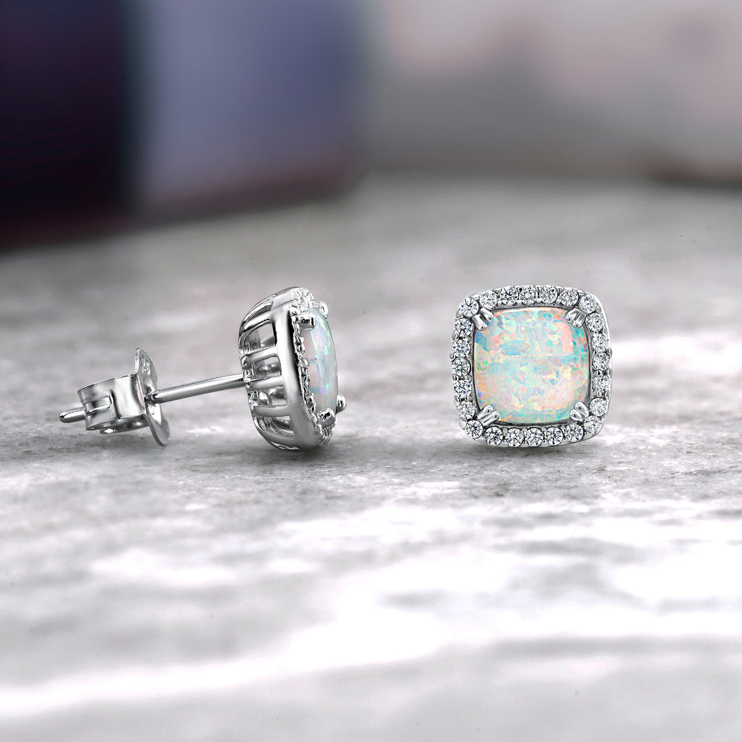 925 Sterling Silver Opal Halo Earrings, Square Shaped Halo Stud Earrings, Sparkling Cz Stud Earrings