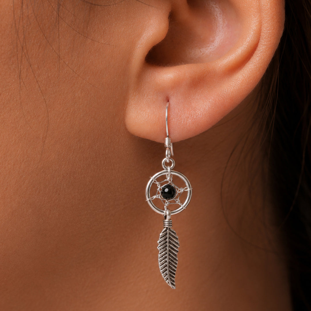 925 Sterling Silver Dream Catcher Earrings, Onyx Dream Catcher Feather Earrings, Dream Catcher Earrings, Bohemian Free Spirit Jewelry, Oxidize  Dangle Jewelry, Fish Hook Earrings, Hypoallergenic Earrings
