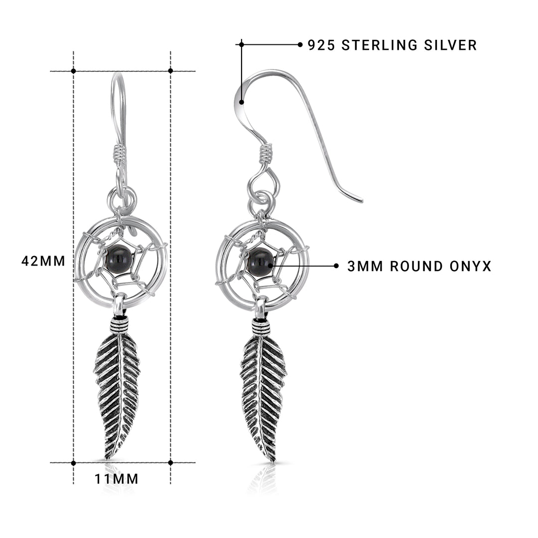 925 Sterling Silver Dream Catcher Earrings, Onyx Dream Catcher Feather Earrings, Dream Catcher Earrings, Bohemian Free Spirit Jewelry, Oxidize  Dangle Jewelry, Fish Hook Earrings, Hypoallergenic Earrings